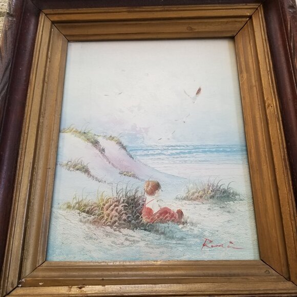 Vintage Painting Child On Beach in Antique Wood Frame w/Glass - Picture 2 of 9
